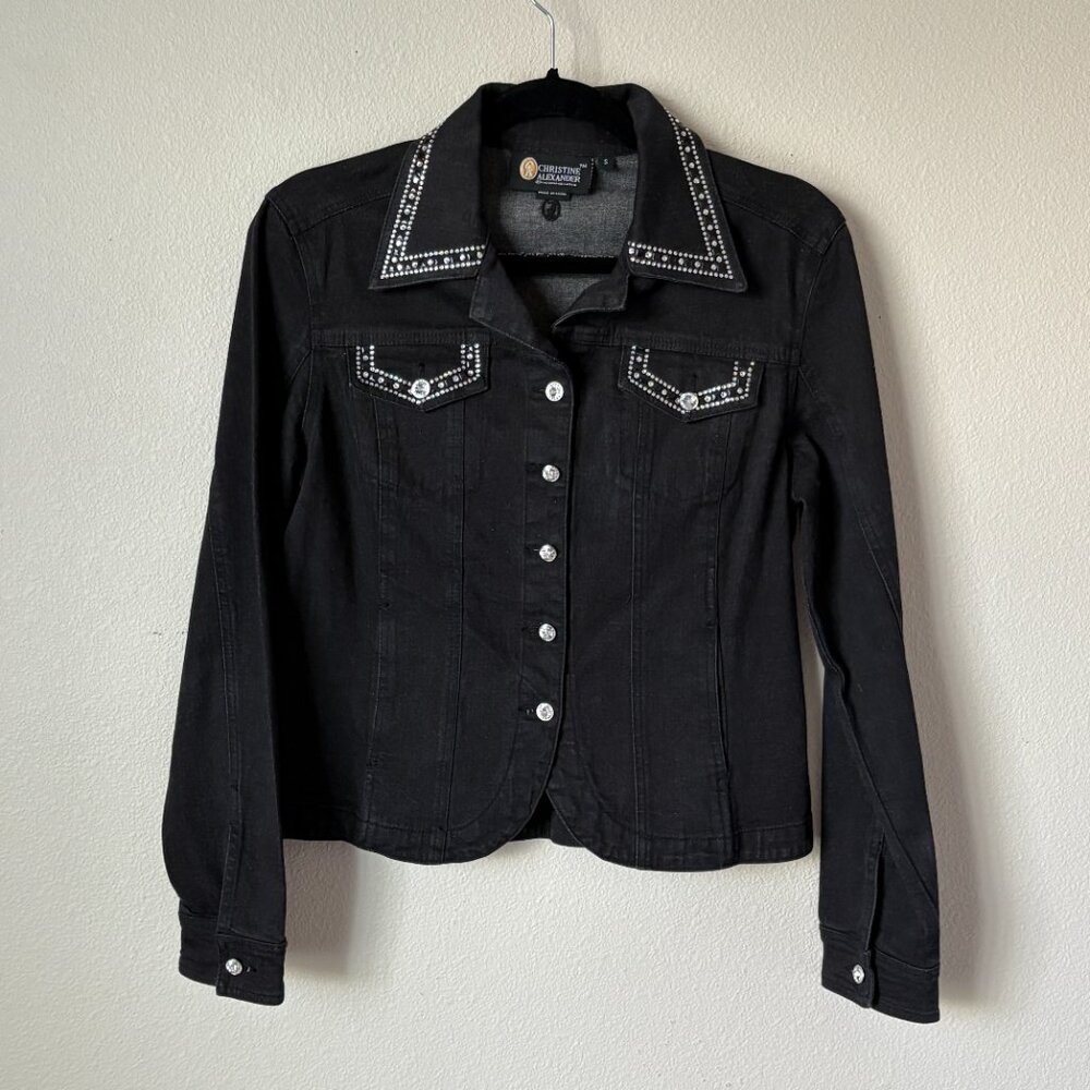 Christine Alexander Women Denim Black Jacket Size S Button Up Rhinestone Stretch